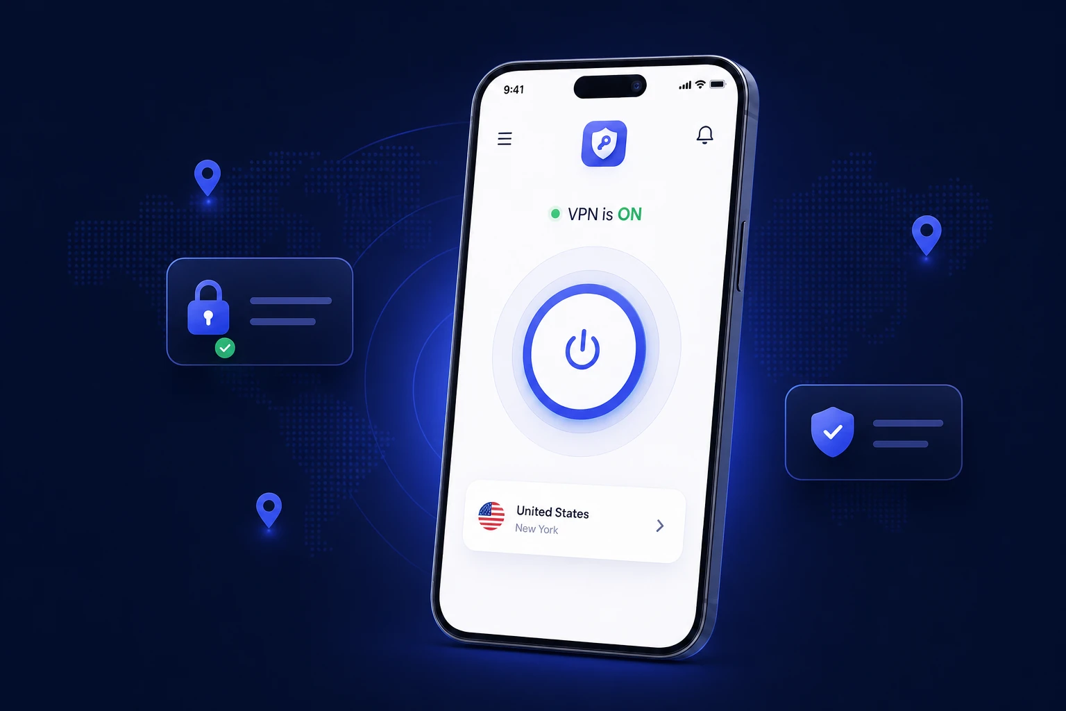 Private VPN Proxy connected mobile app with secure controls on a navy network background
