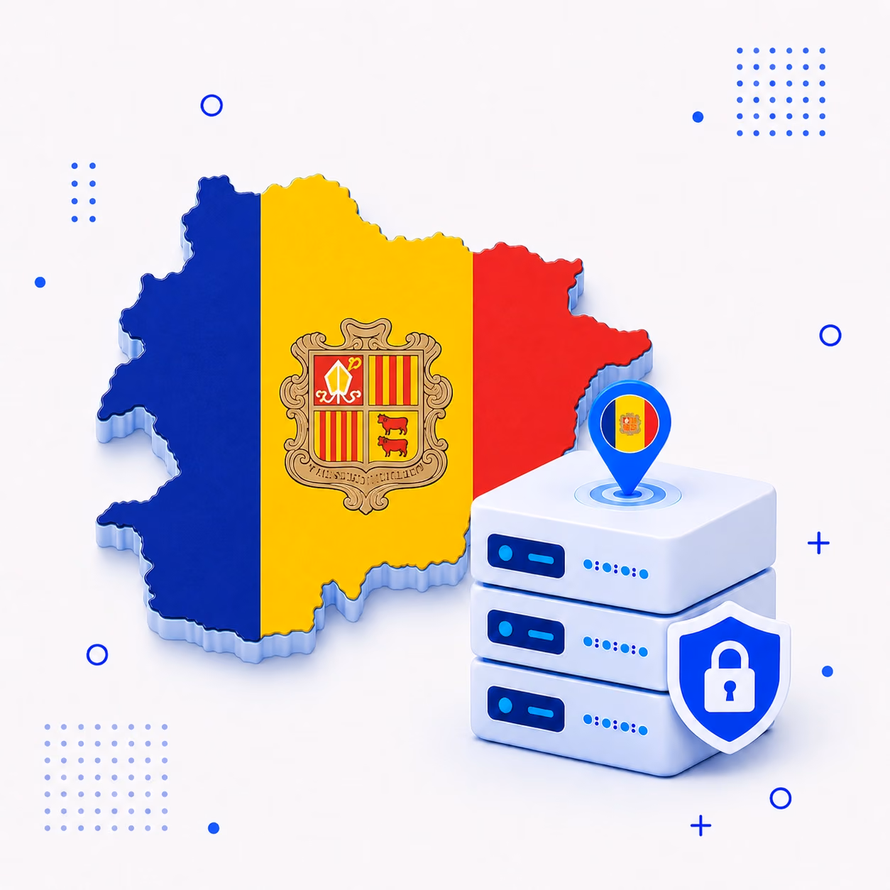 Three-dimensional Andorra map in flag colors with VPN server equipment and a lock shield