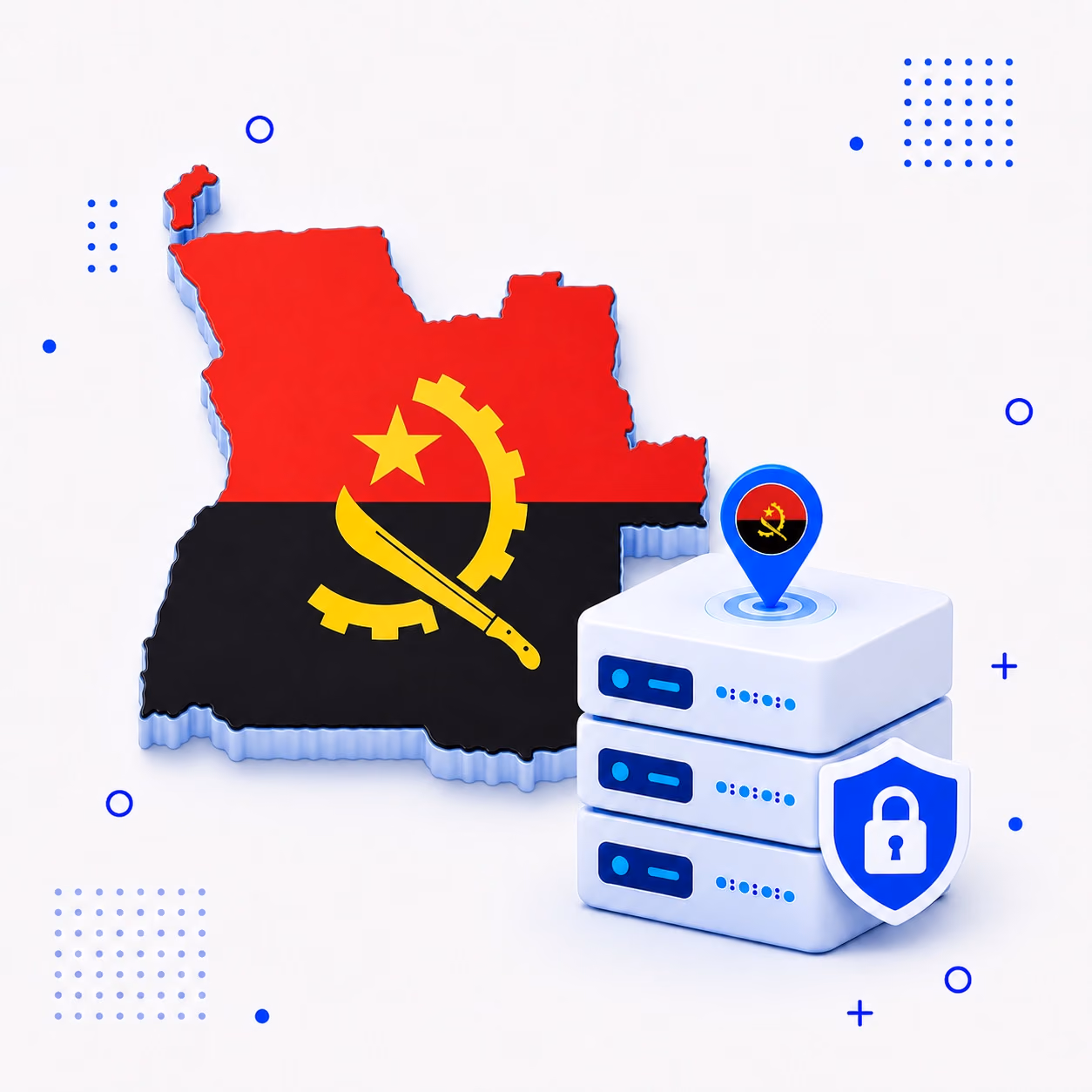 VPN for Angola 3D flag-covered outline of Angola beside VPN servers and a blue privacy shield
