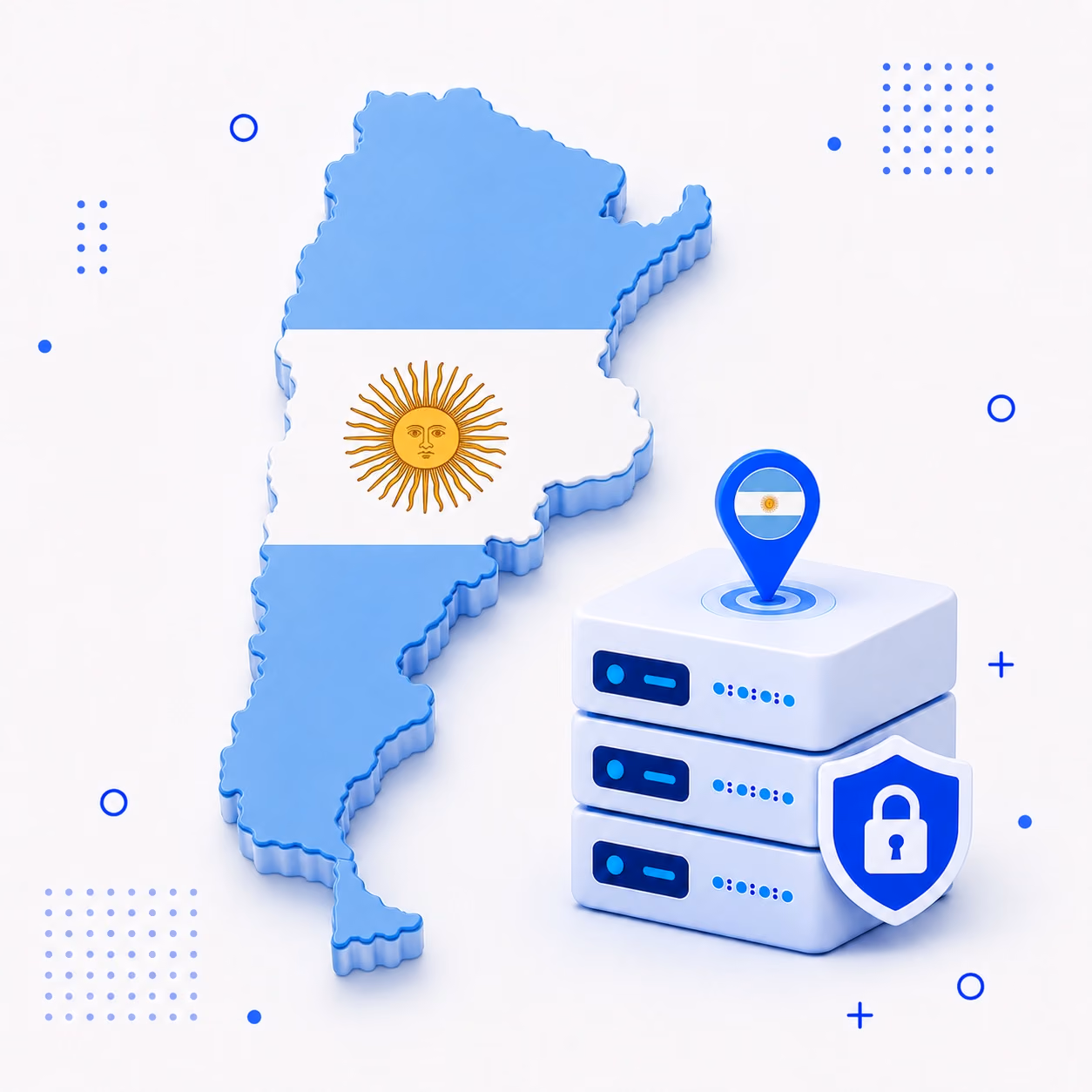 Three-dimensional map of Argentina in blue and white beside protected VPN servers