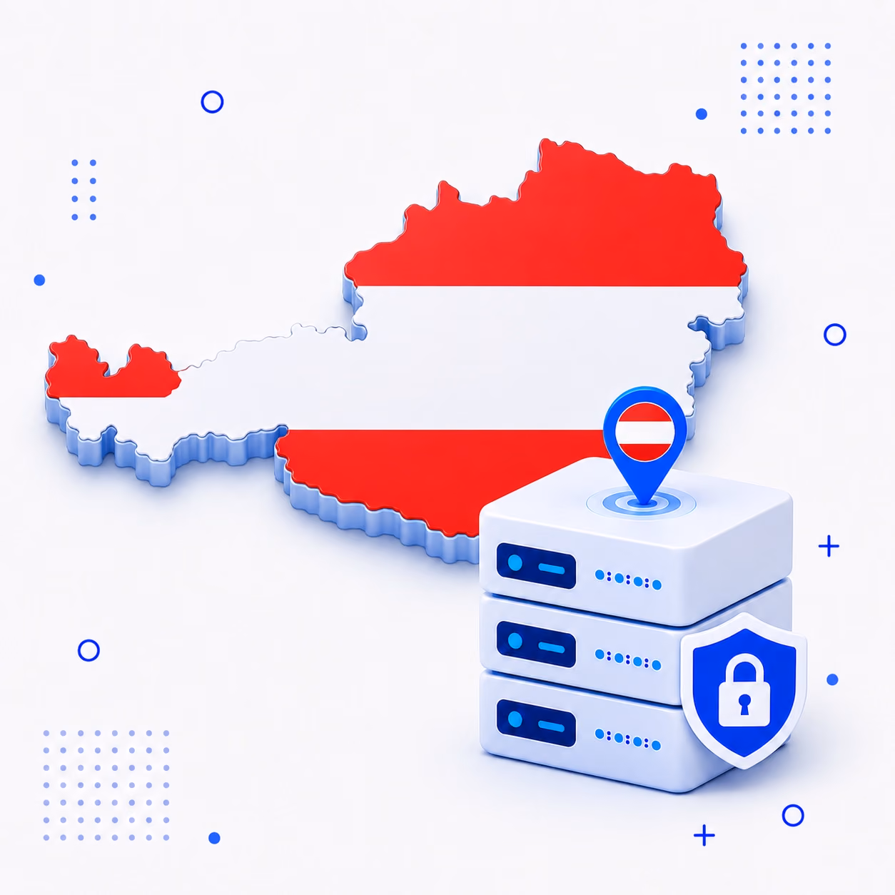 3D map of Austria in red and white beside encrypted VPN server hardware