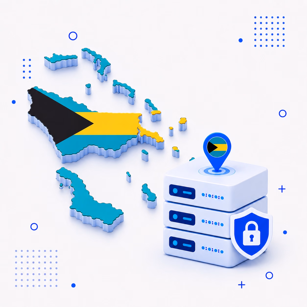 VPN for Bahamas Three-dimensional map of the Bahamas in national colors beside protected VPN server equipment