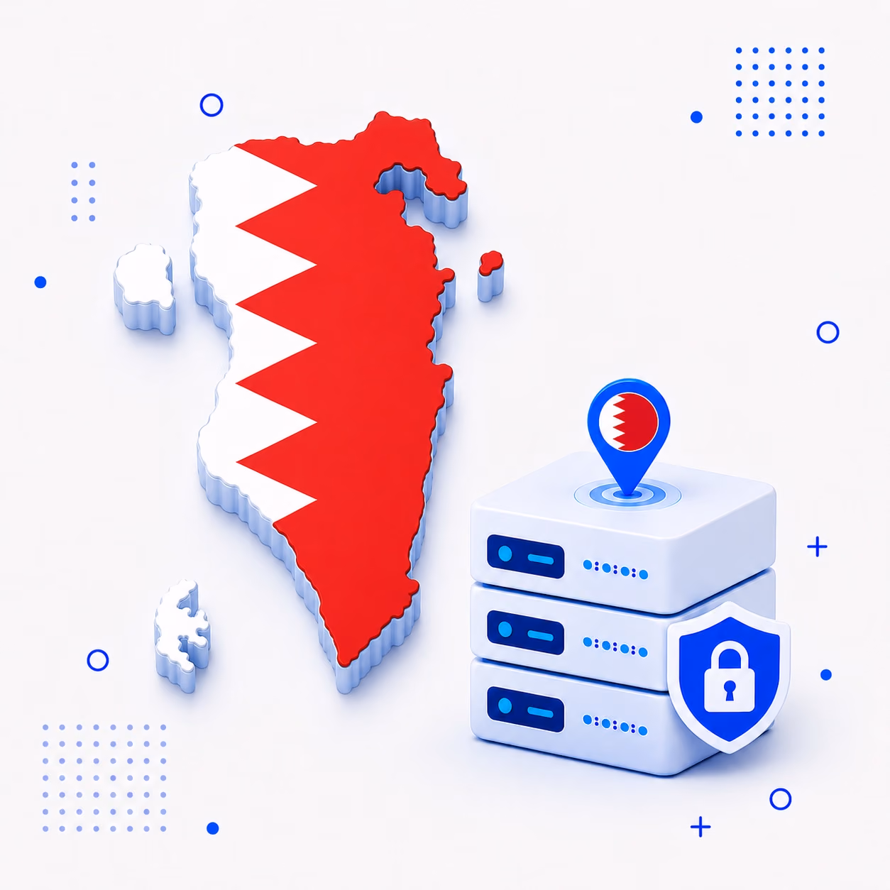 VPN for Bahrain 3D Bahrain map in red and white with secure VPN servers and a privacy shield