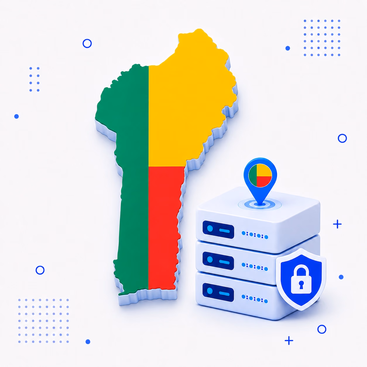 Three-dimensional outline of Benin in green yellow and red with protected VPN server hardware