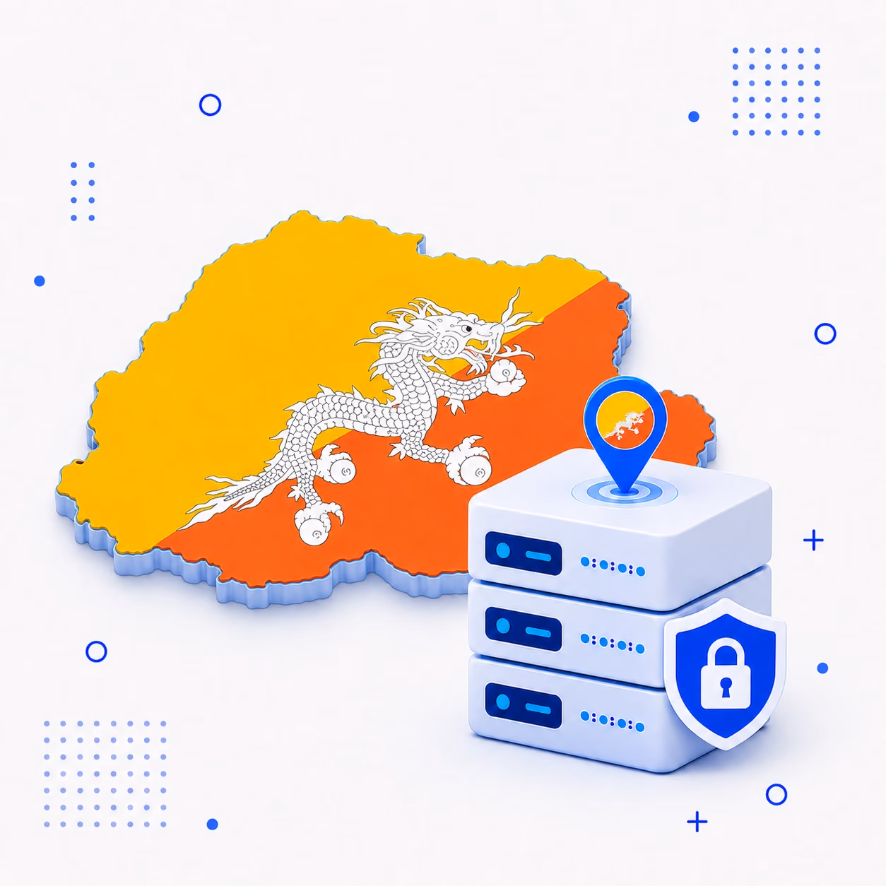 Three-dimensional Bhutan map in national colors next to encrypted VPN servers and a lock shield