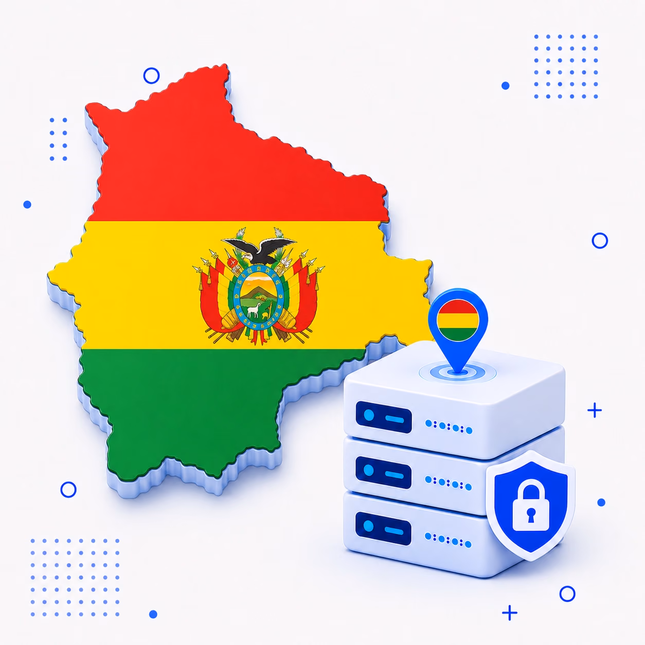 VPN for Bolivia Three-dimensional map of Bolivia in red yellow and green beside protected VPN server equipment