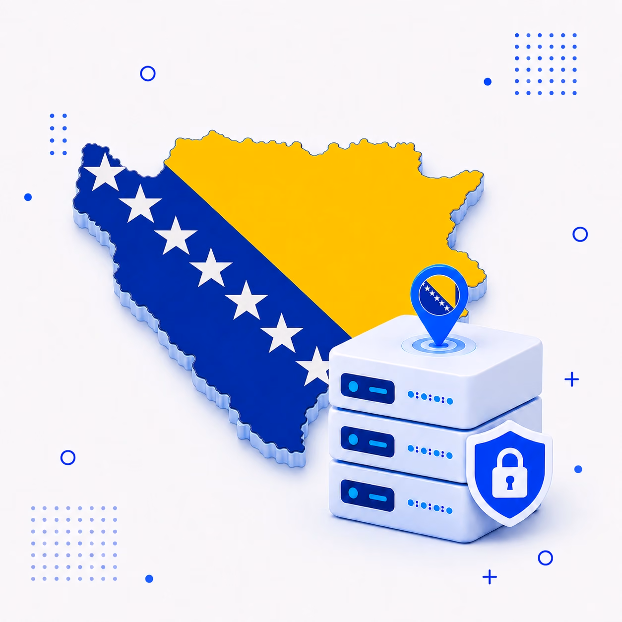 VPN for Bosnia and Herzegovina Three-dimensional map of Bosnia and Herzegovina in national colors beside secure VPN servers