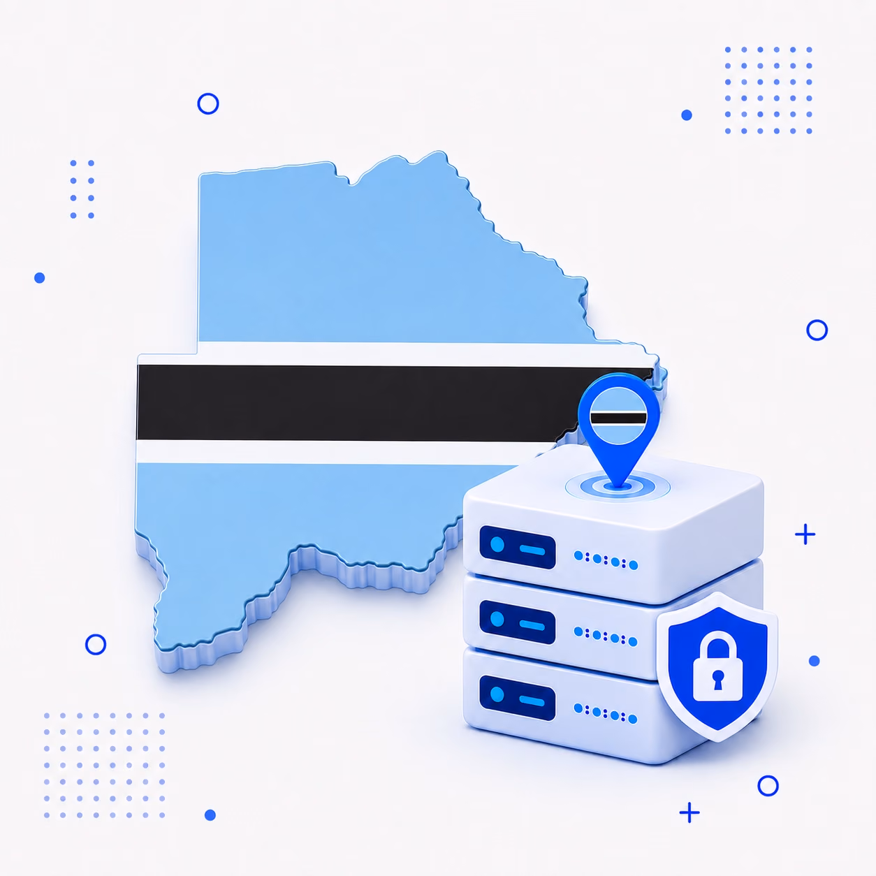 VPN for Botswana Three-dimensional Botswana map in blue black and white beside protected VPN server hardware