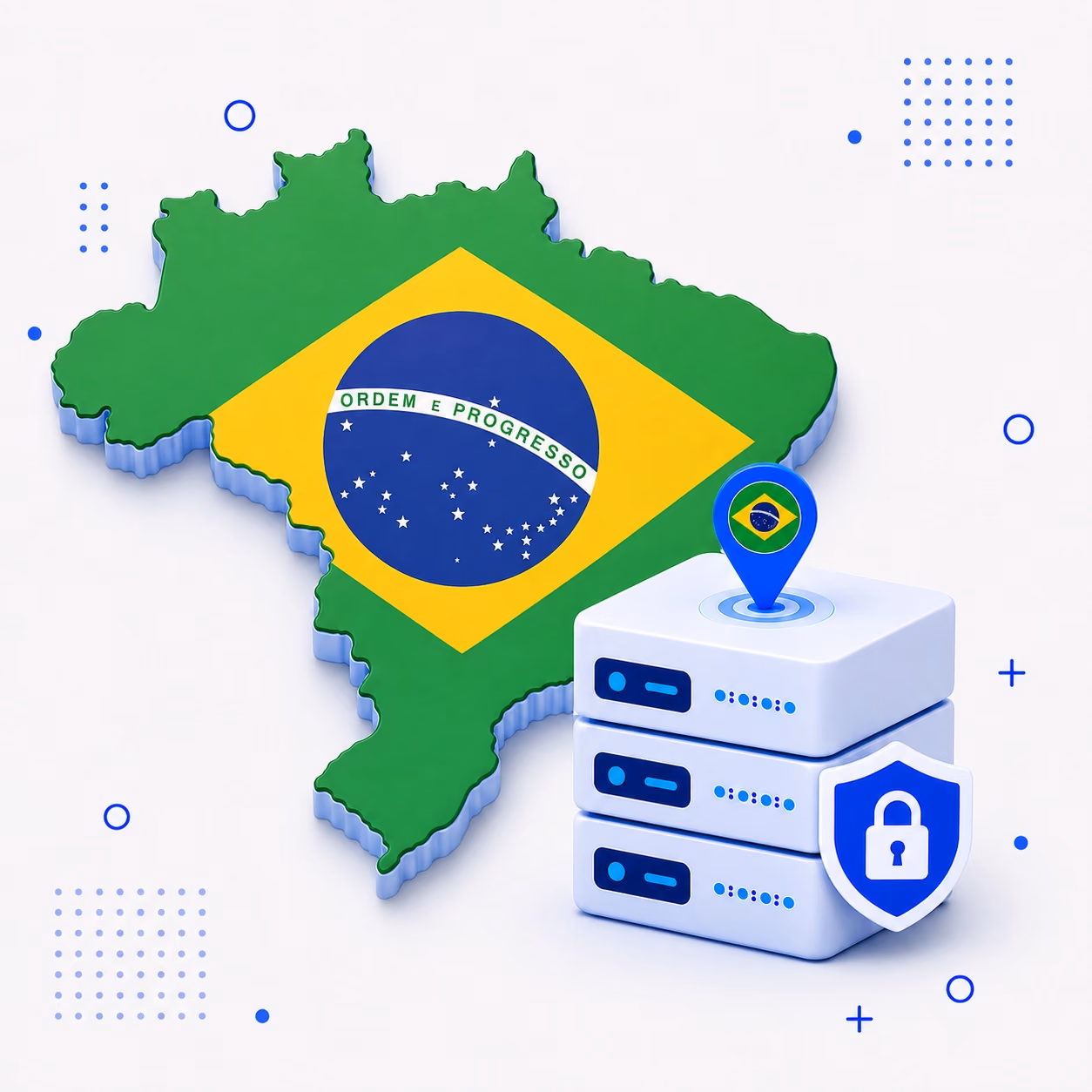 VPN for Brazil Three-dimensional map of Brazil in green yellow and blue beside encrypted VPN server equipment