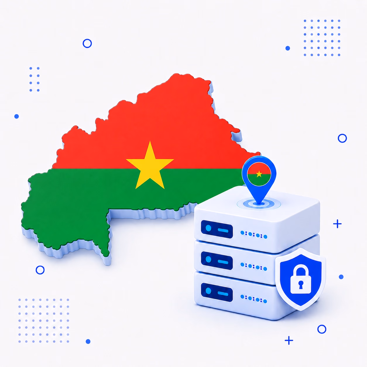 Three-dimensional map of Burkina Faso in red green and yellow beside secure VPN servers