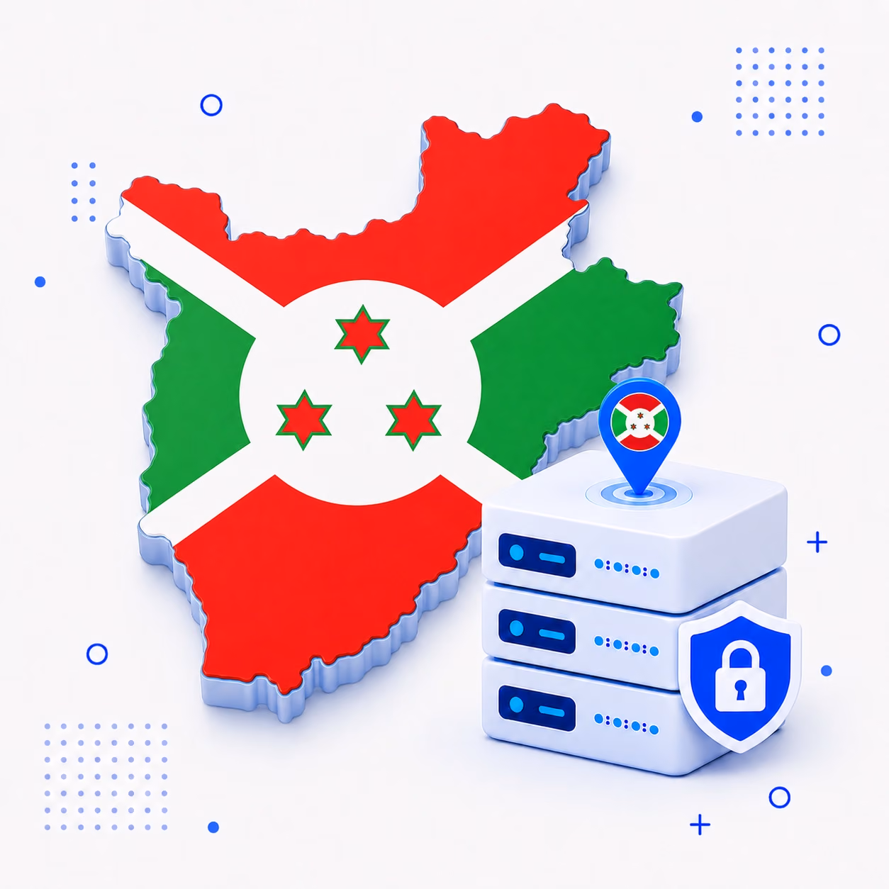 Three-dimensional Burundi map in national colors beside protected VPN server equipment