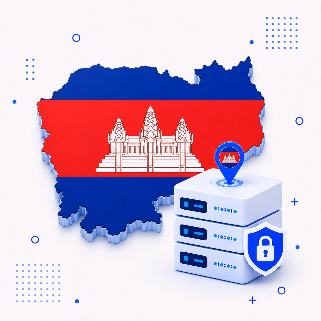 Three-dimensional Cambodia map in blue and red beside encrypted VPN servers and a privacy shield