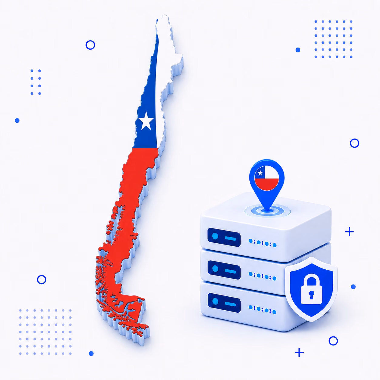 VPN for Chile Three-dimensional Chile map in red white and blue beside secure VPN servers and a privacy shield