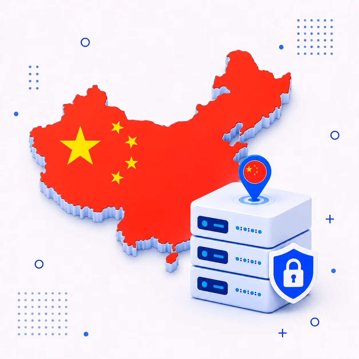 Three-dimensional map of China in red with yellow stars beside protected VPN server equipment