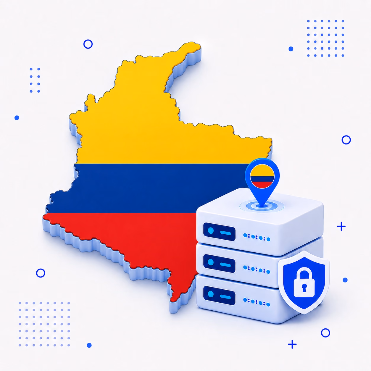 VPN for Colombia Three-dimensional map of Colombia in yellow blue and red beside protected VPN server equipment