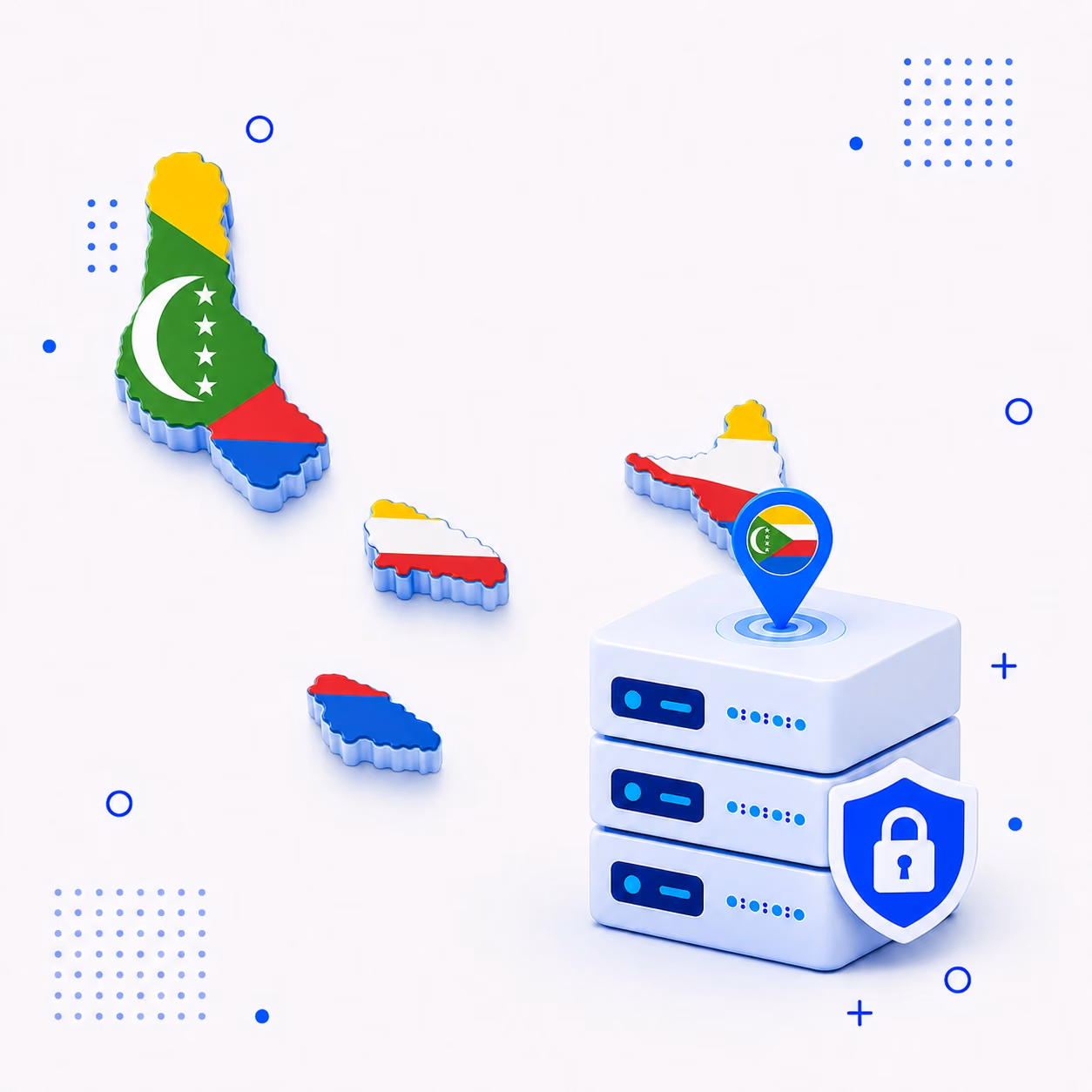 VPN for Comoros Three-dimensional Comoros islands in national colors beside secure VPN server hardware
