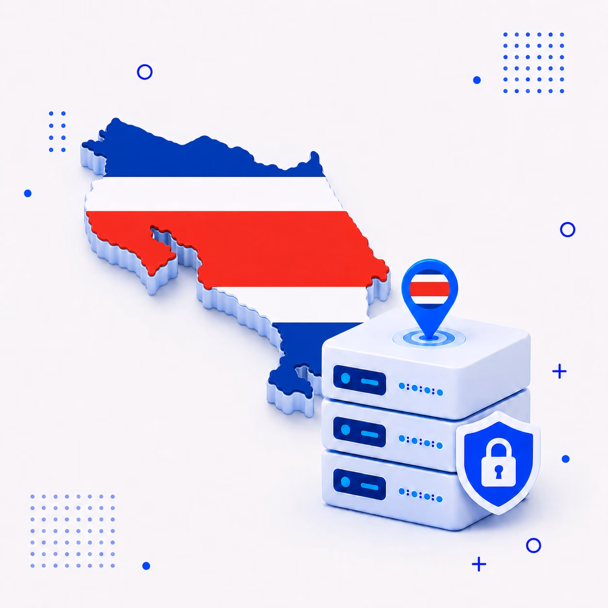 VPN for Costa Rica Three-dimensional Costa Rica map in red white and blue beside protected VPN servers