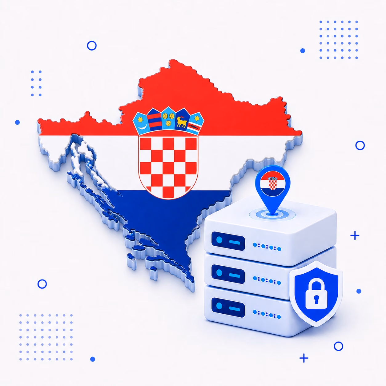 VPN for Croatia Three-dimensional Croatia map in red white and blue beside encrypted VPN server equipment