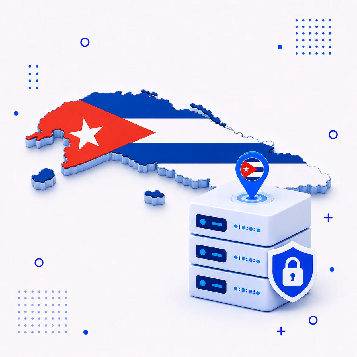 VPN for Cuba Three-dimensional map of Cuba in blue white and red beside protected VPN server equipment