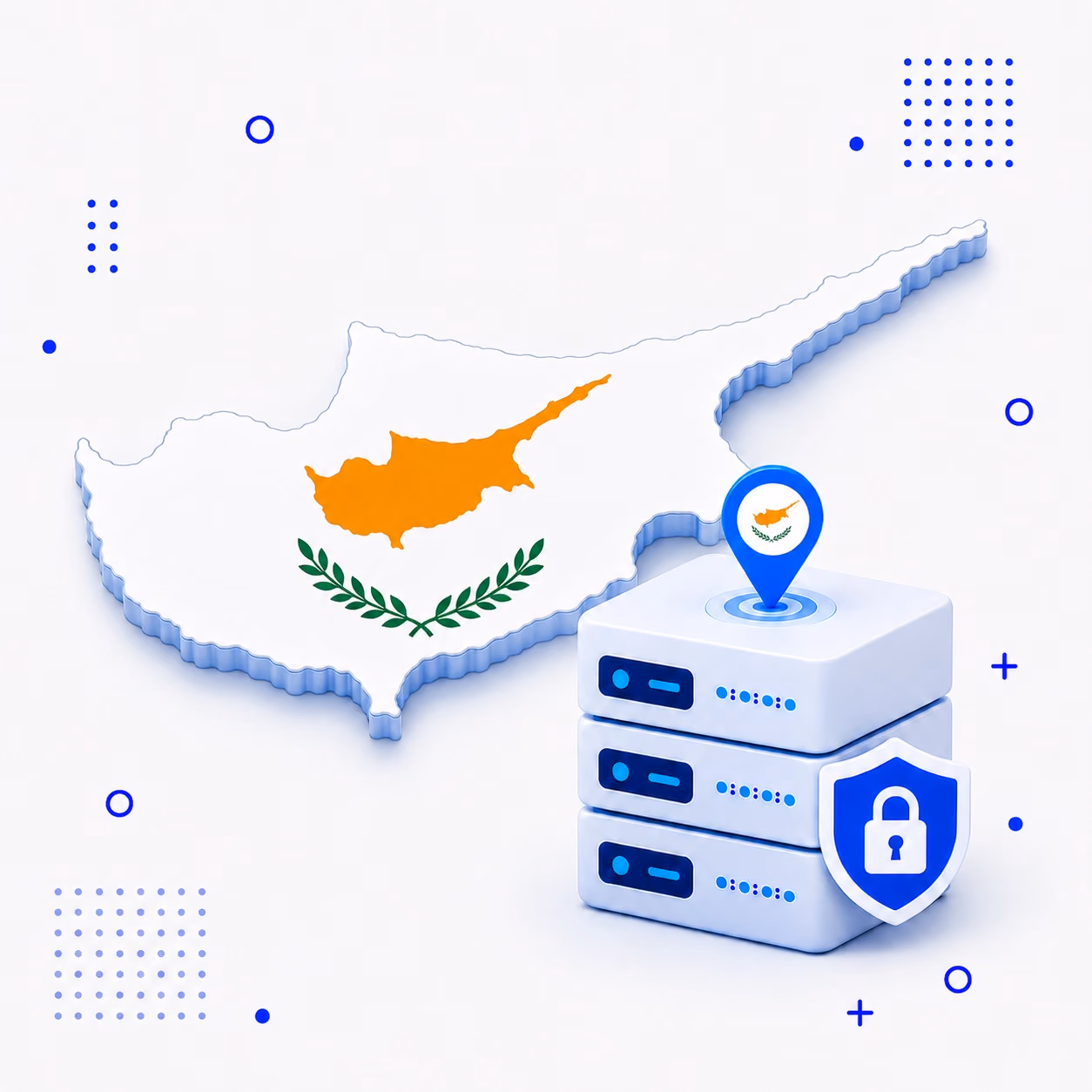 VPN for Cyprus Three-dimensional map of Cyprus in national flag colors beside secure VPN servers and a privacy shield
