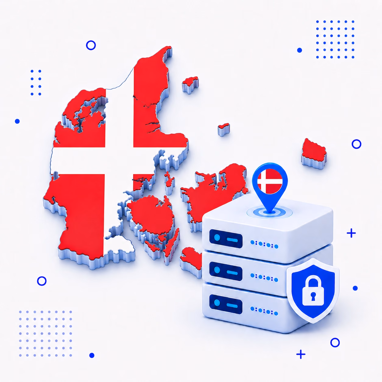 VPN for Denmark Three-dimensional map of Denmark in red and white beside protected VPN servers and a lock shield