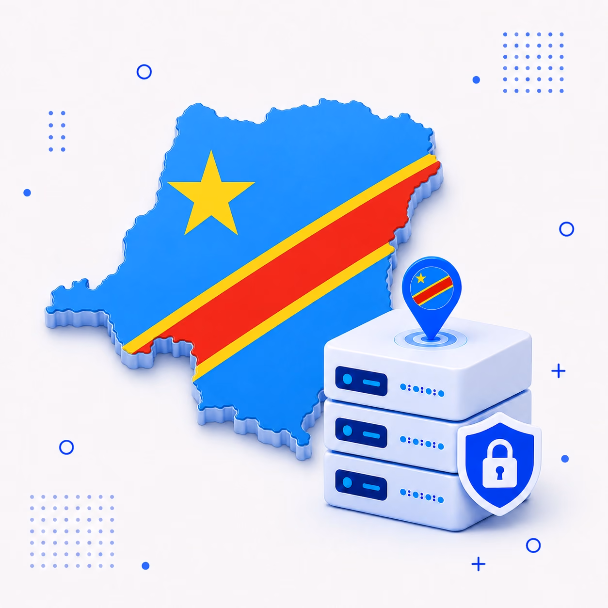 VPN for DR Congo Three-dimensional map of the Democratic Republic of the Congo in blue red and yellow beside protected VPN server equipment