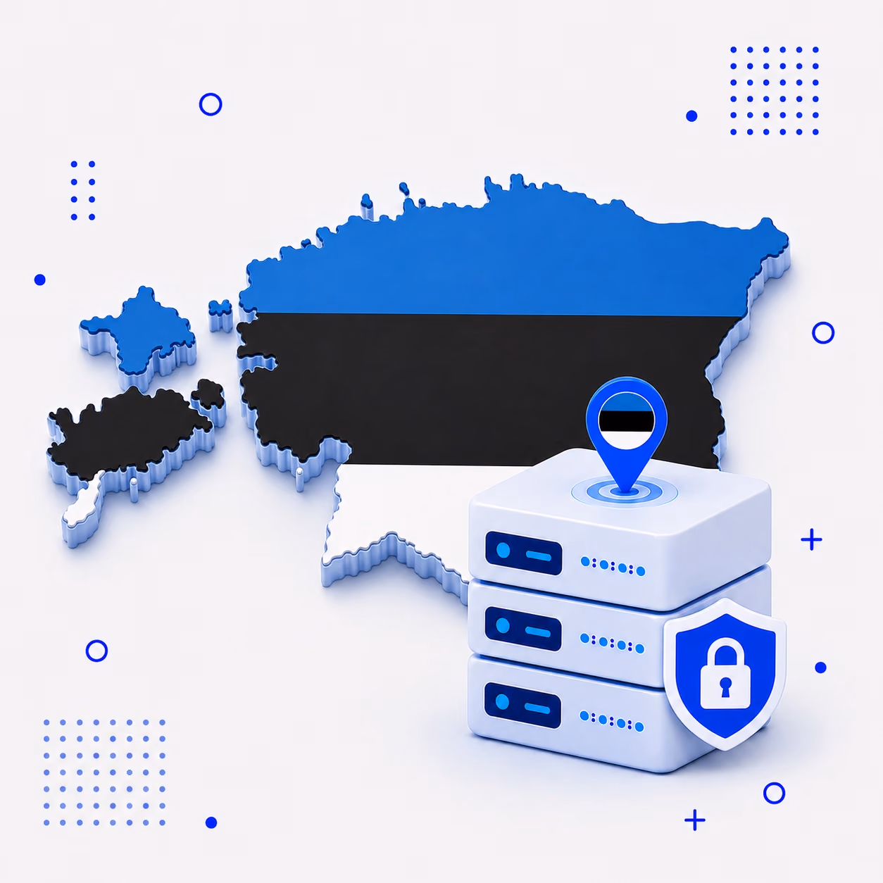 Three-dimensional map of Estonia in blue black and white beside protected VPN server equipment