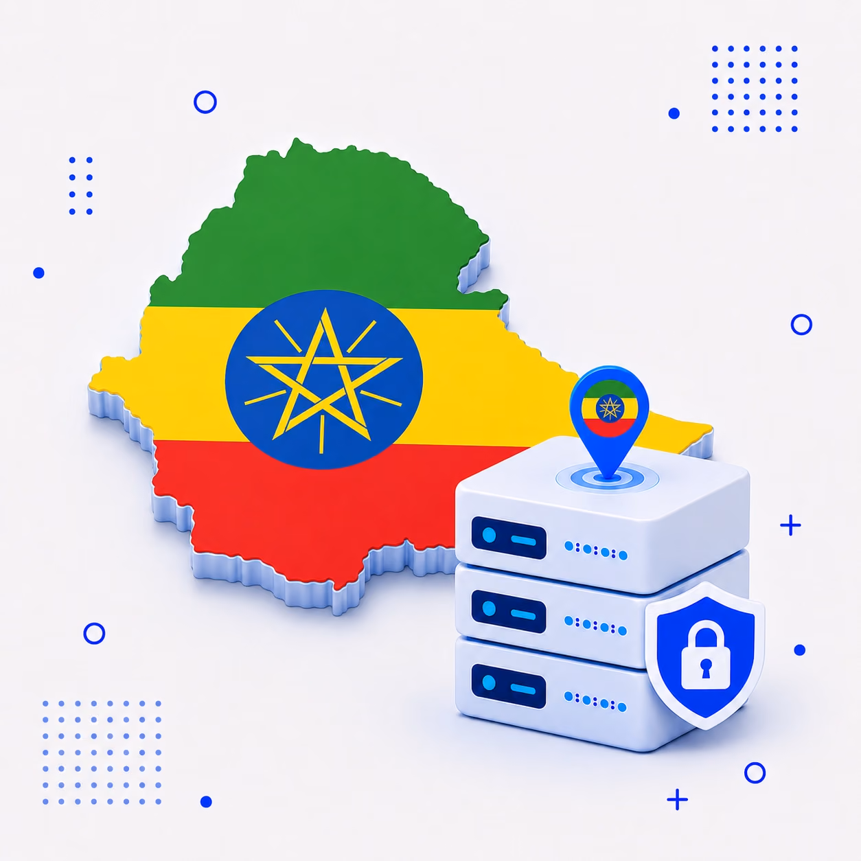 Three-dimensional map of Ethiopia in green yellow and red beside protected VPN servers and a blue shield