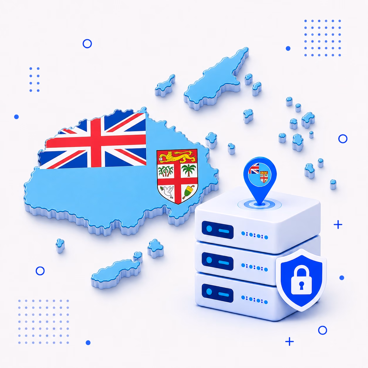 Three-dimensional map of Fiji in light blue red and white beside secure VPN server equipment
