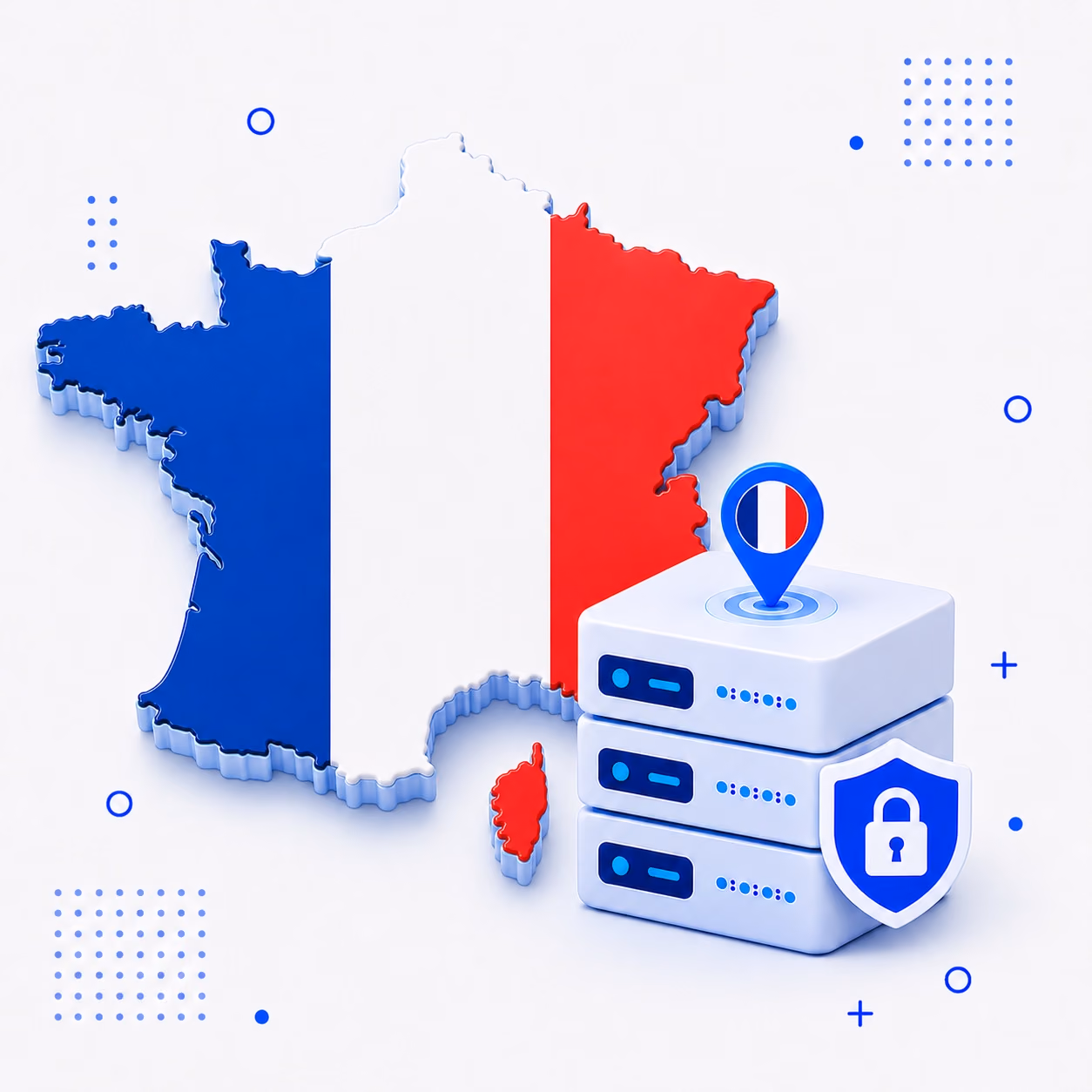Three-dimensional map of France in blue white and red beside secure white VPN servers and a blue shield