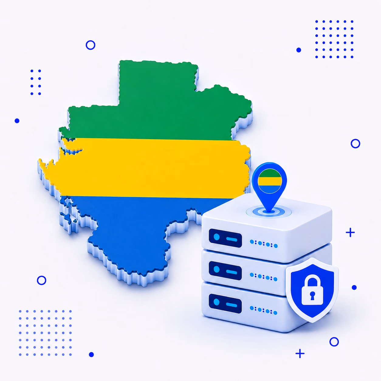 Three-dimensional map of Gabon in green yellow and blue beside secure VPN servers and a lock shield