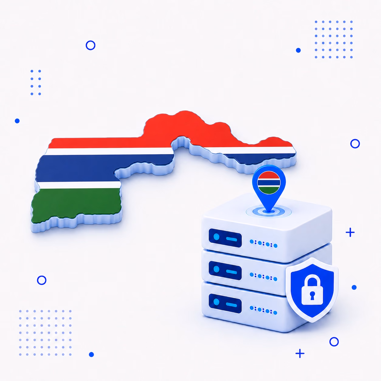 VPN for Gambia Three-dimensional map of Gambia in red blue green and white beside protected VPN server equipment