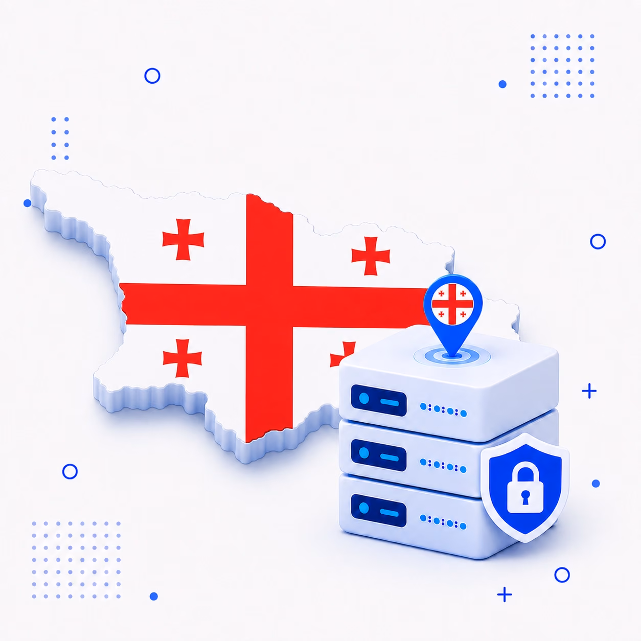 VPN for Georgia Three-dimensional map of Georgia in white and red beside secure VPN servers and a blue privacy shield