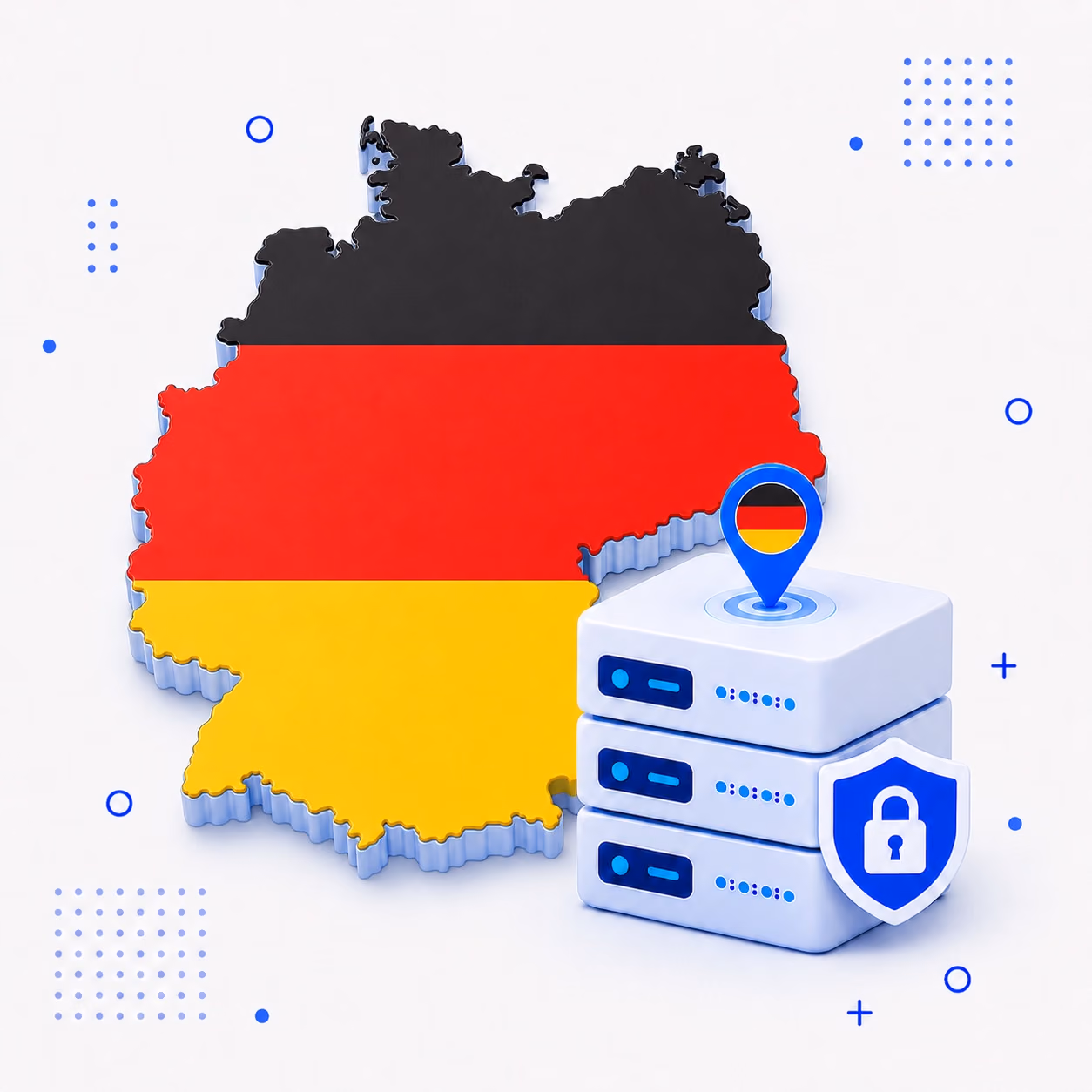VPN for Germany Three-dimensional map of Germany in black red and gold beside protected VPN servers and a lock shield