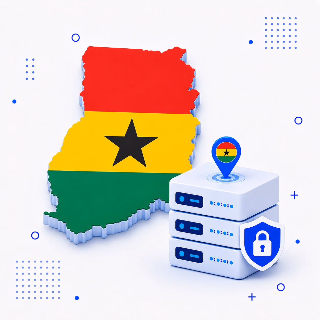 VPN for Ghana Three-dimensional map of Ghana in red yellow green and black beside secure white VPN servers and a blue shield