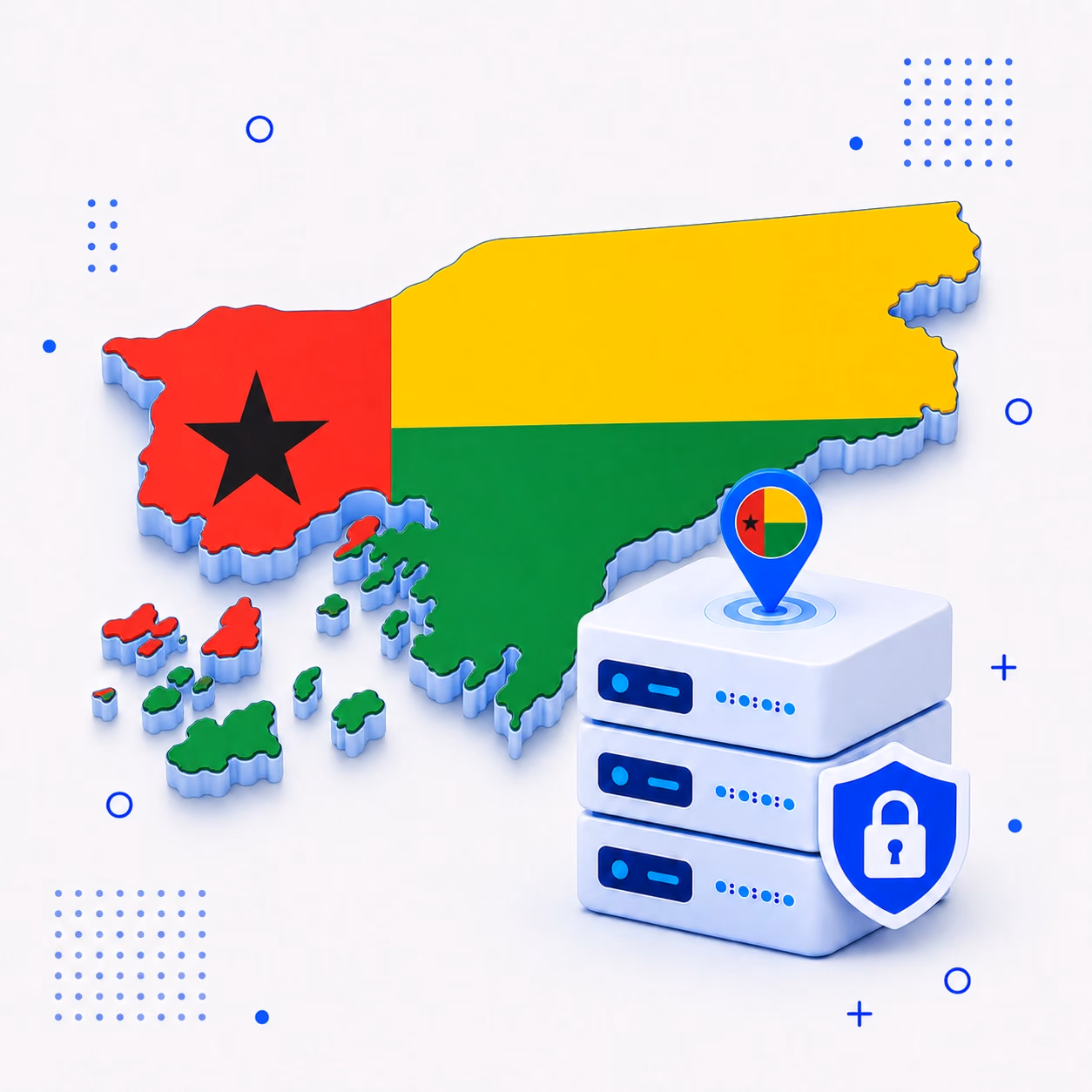 VPN for Guinea-Bissau Three-dimensional map of Guinea-Bissau in red yellow green and black beside secure VPN servers and a privacy shield