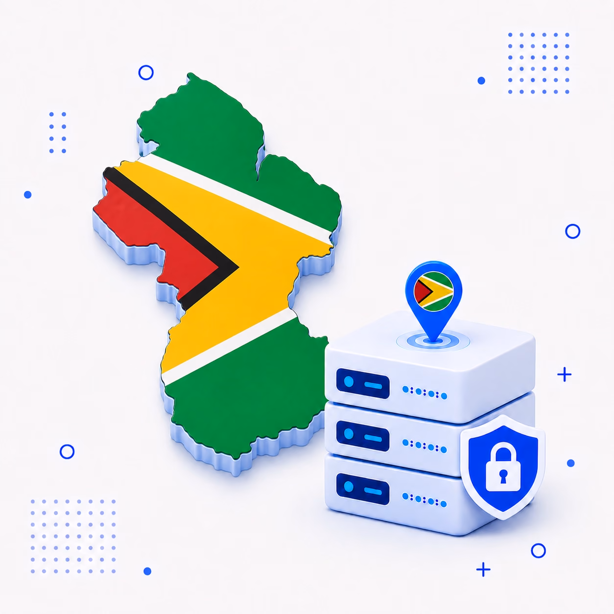 VPN for Guyana Three-dimensional map of Guyana in green yellow red black and white beside protected VPN servers and a blue shield