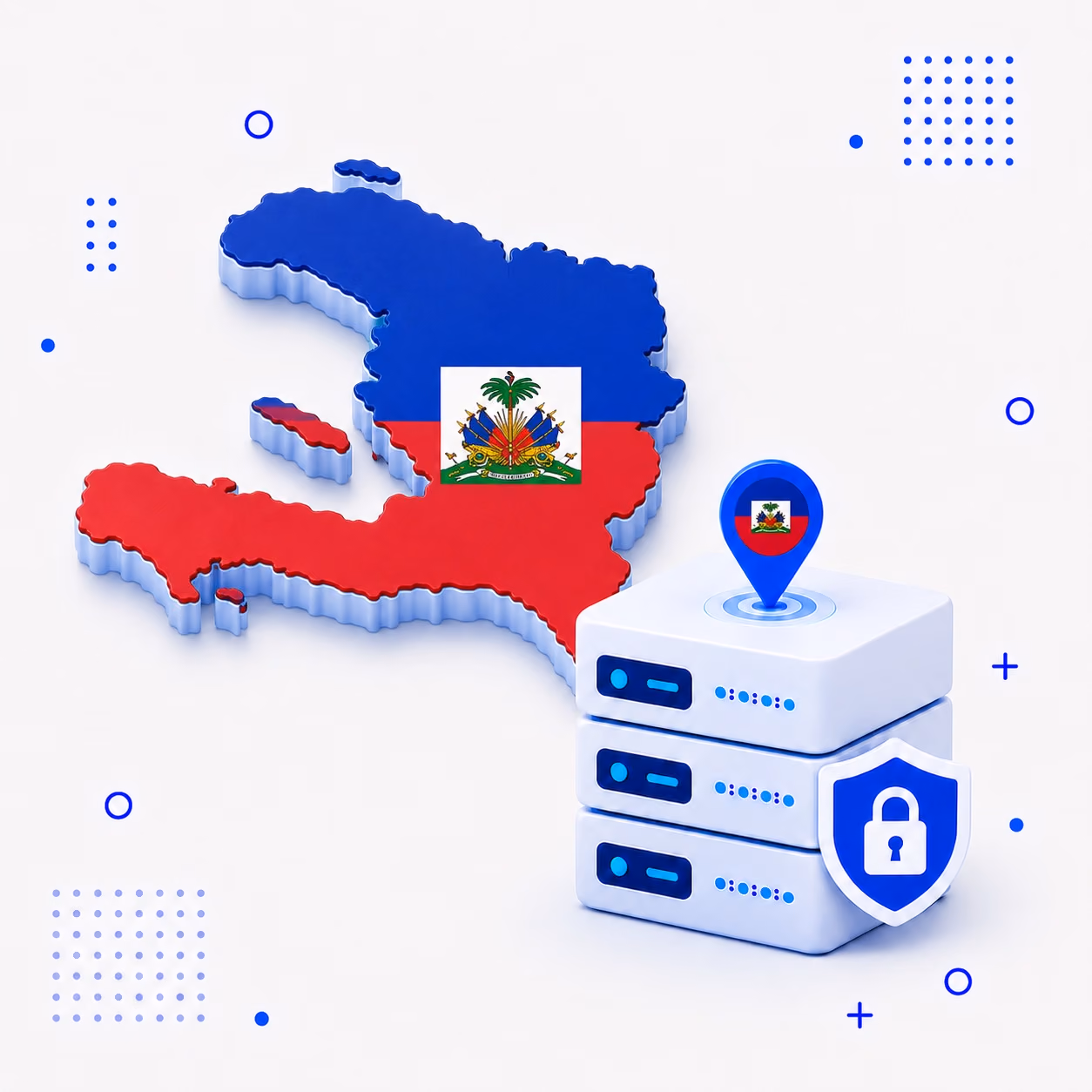 VPN for Haiti Three-dimensional map of Haiti in blue red and white beside protected VPN servers and a blue privacy shield