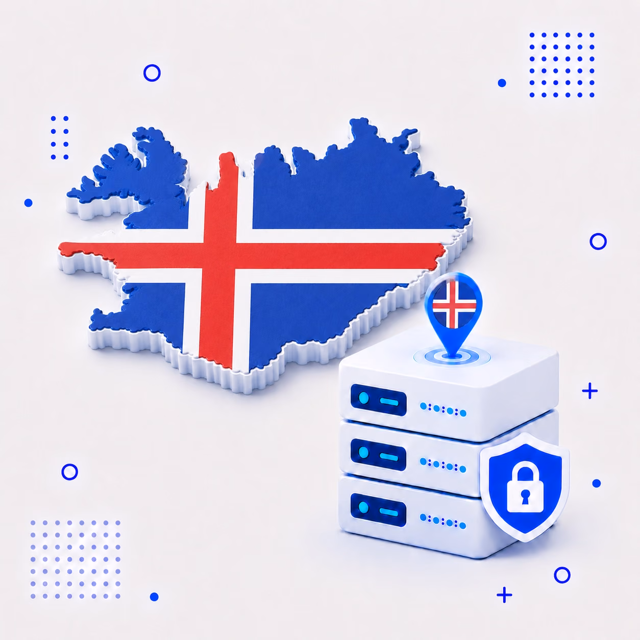 VPN for Iceland Three-dimensional map of Iceland in blue red and white beside secure VPN servers and a lock shield