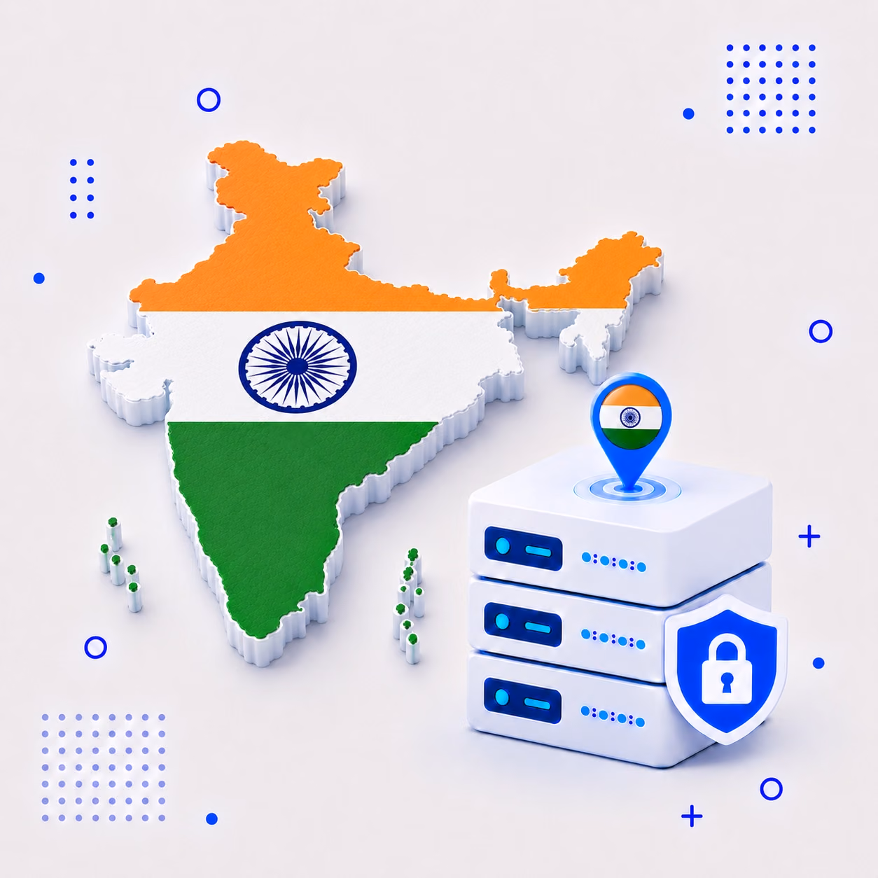 Three-dimensional map of India in saffron white green and blue beside protected VPN servers and a privacy shield
