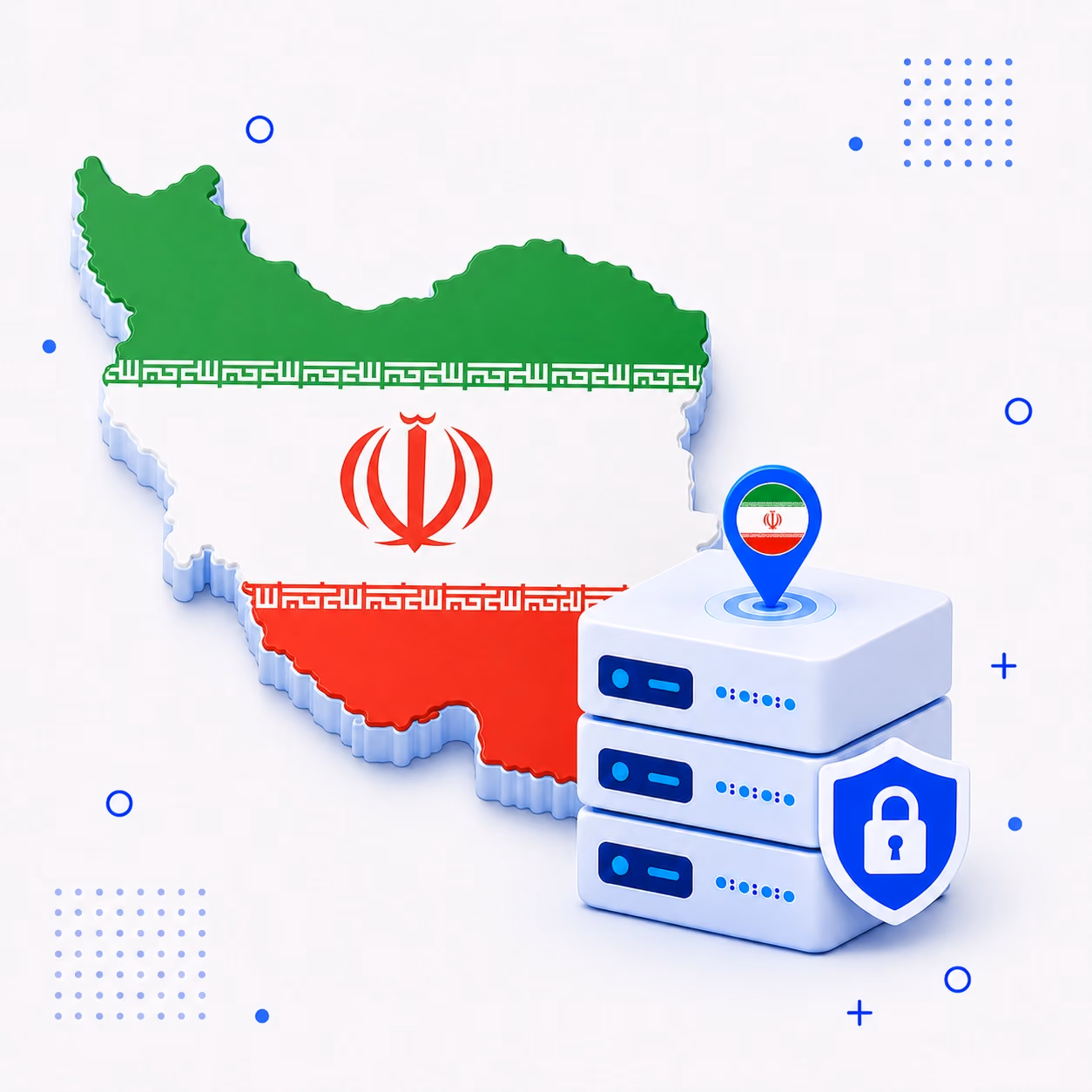 Three-dimensional map of Iran in green white and red beside secure VPN servers and a lock shield
