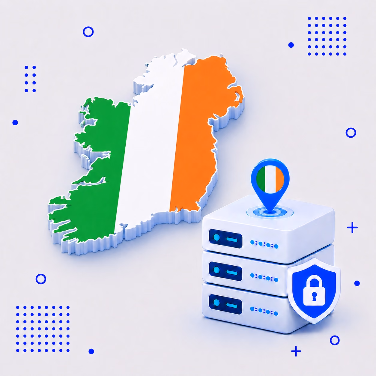 VPN for Ireland Three-dimensional map of Ireland in green white and orange beside secure VPN servers and a lock shield