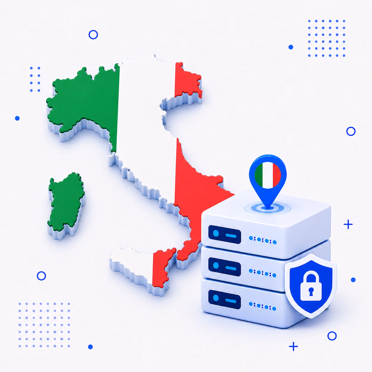 VPN for Italy Three-dimensional map of Italy in green white and red beside protected VPN servers and a privacy shield