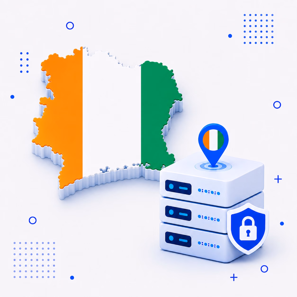 VPN for Ivory Coast 3D map of Ivory Coast in national flag colors beside VPN servers and a privacy shield