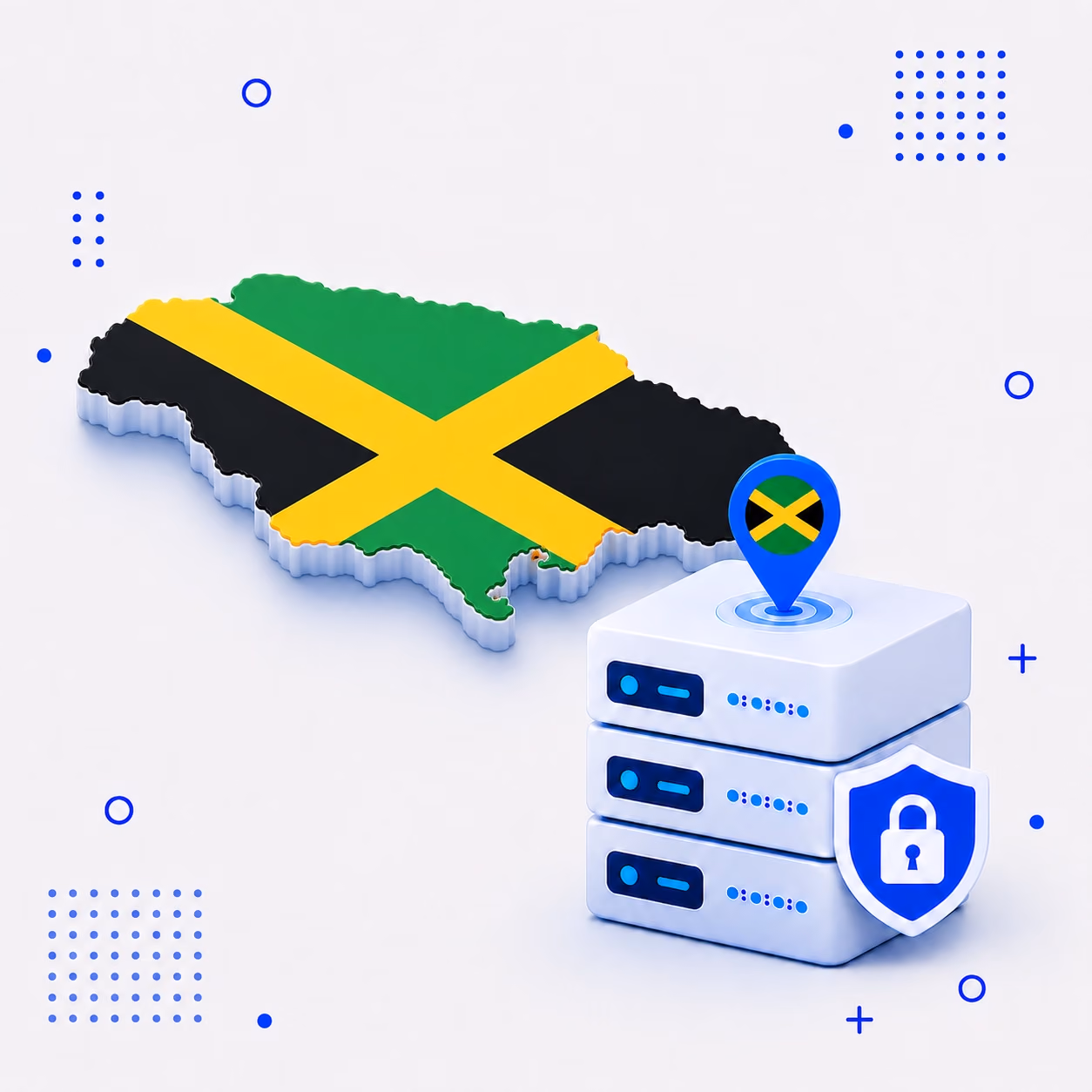 3D map of Jamaica in national flag colors with encrypted VPN hardware and a shield