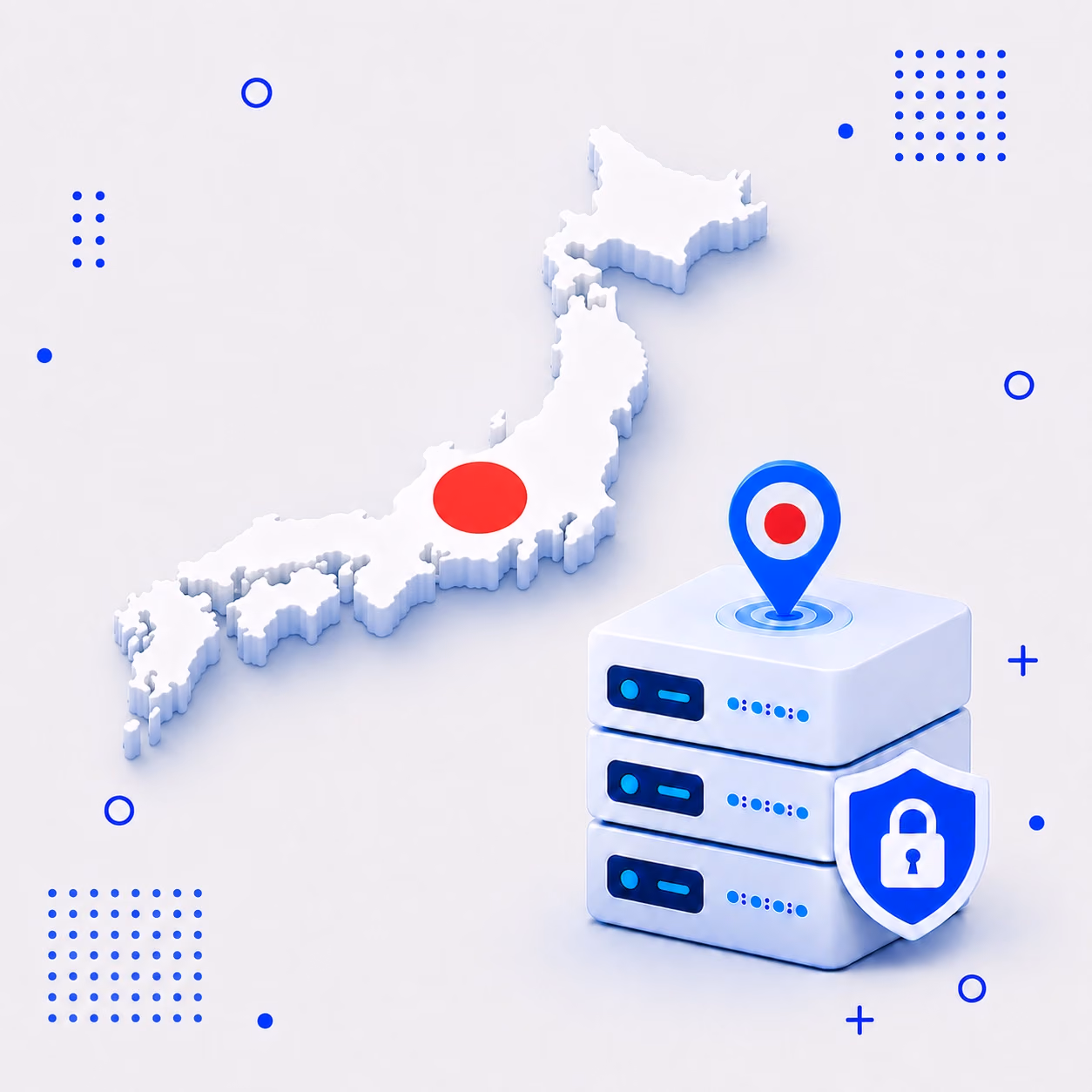 3D map of Japan in national flag colors beside protected VPN servers