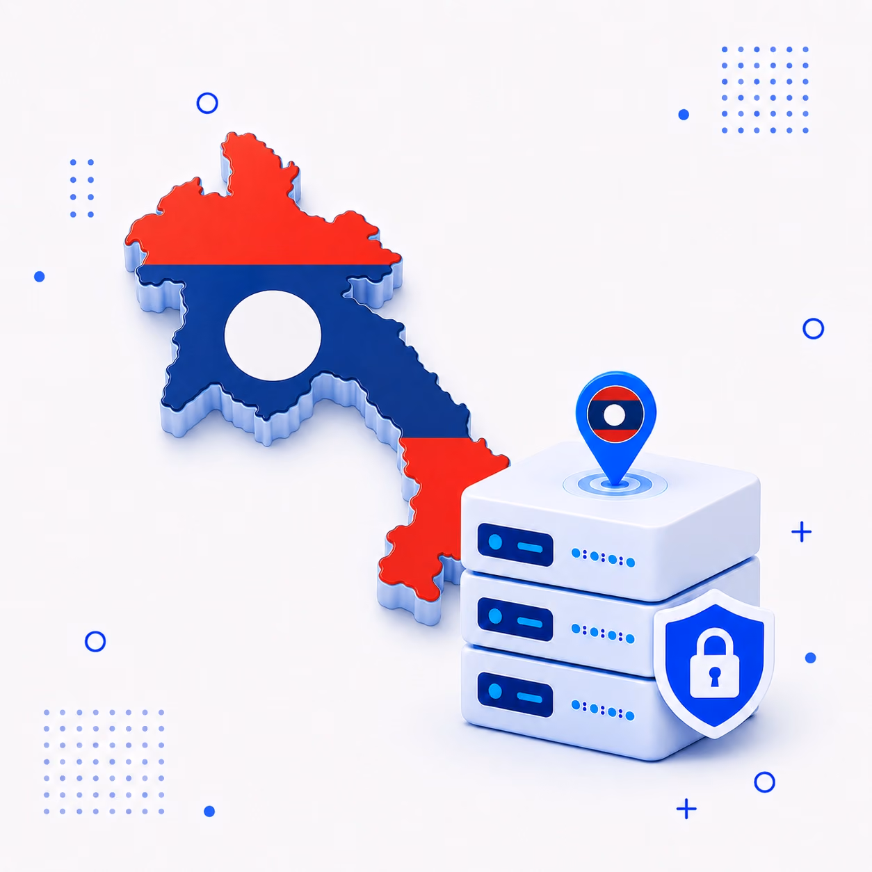 VPN for Laos 3D map of Laos in national flag colors beside encrypted VPN hardware and a shield