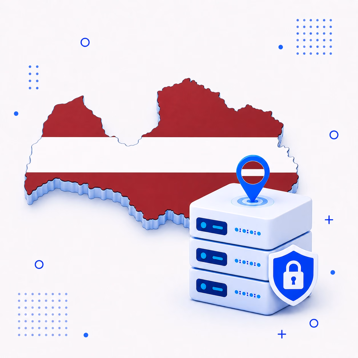 VPN for Latvia 3D map of Latvia in national flag colors with secure VPN servers