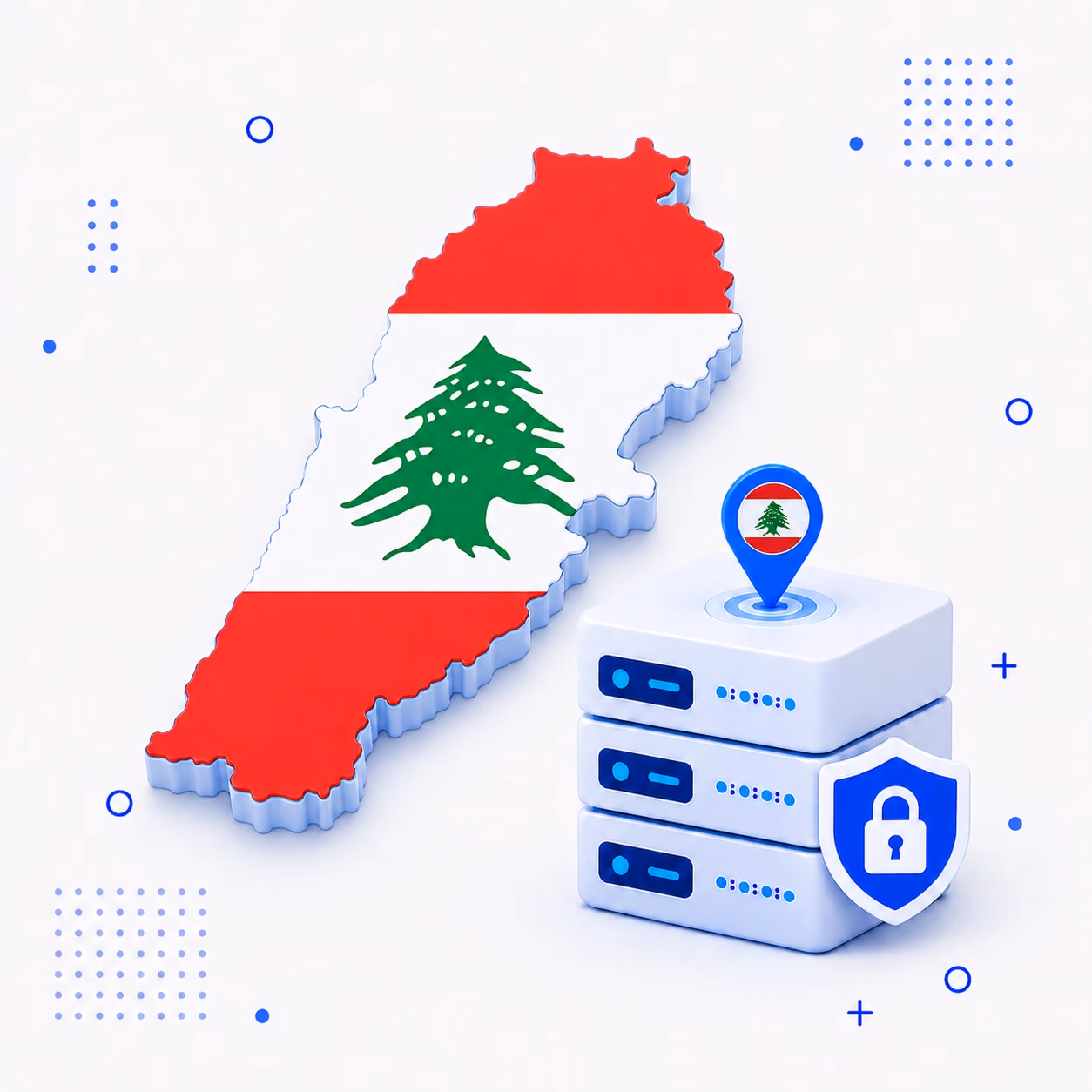 VPN for Lebanon 3D map of Lebanon in national flag colors beside encrypted VPN servers and a shield