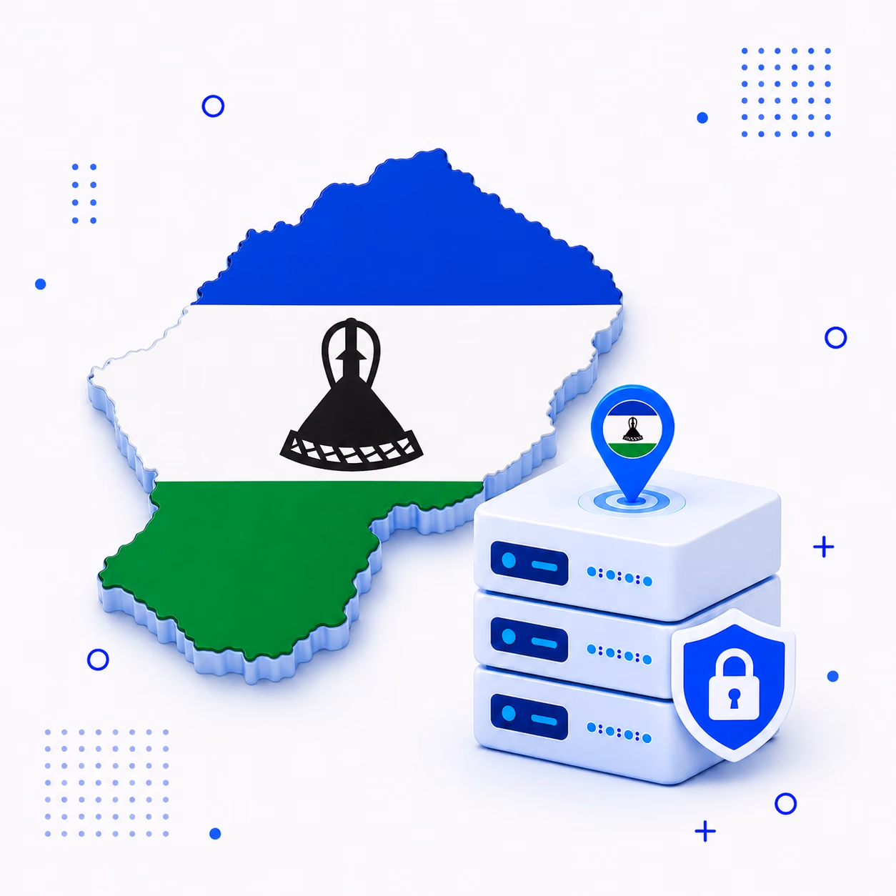 VPN for Lesotho 3D map of Lesotho in national flag colors with VPN servers and a privacy shield